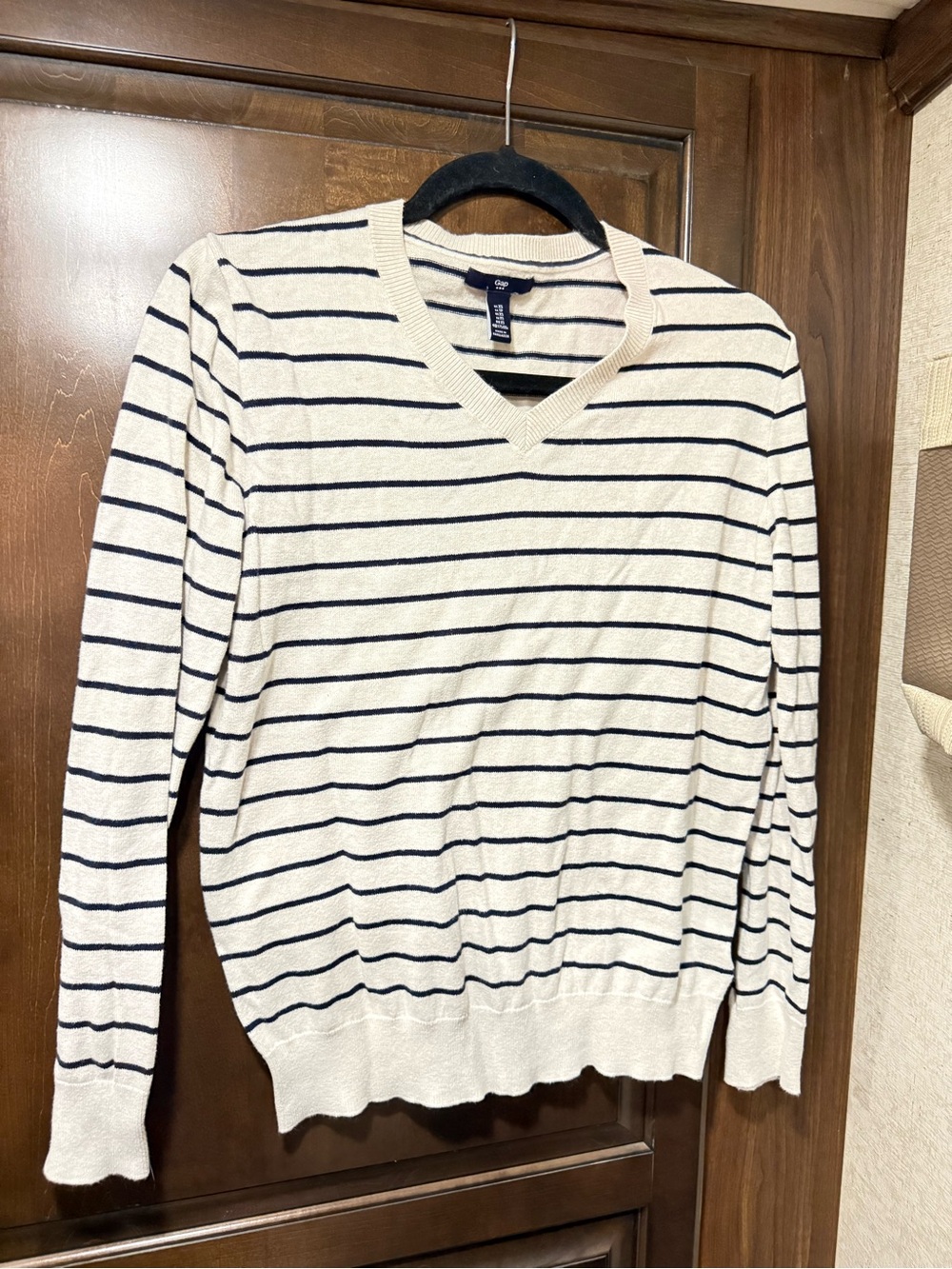 GAP Cream V-Neck Sweater with Navy Stripes